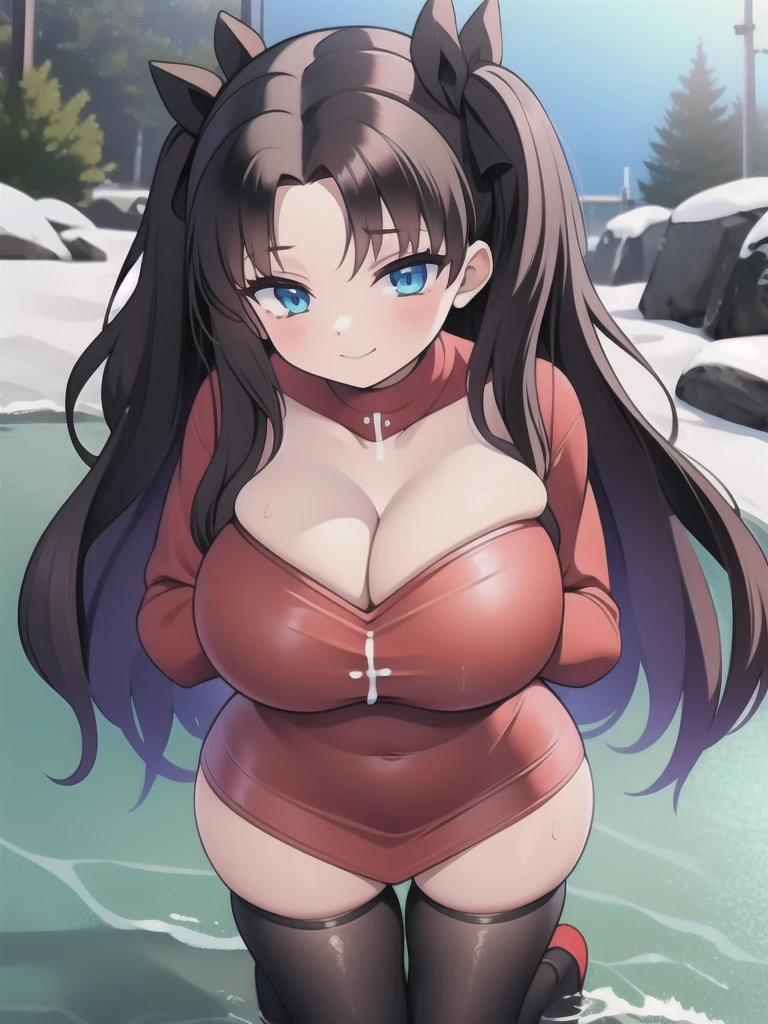 master-piece, bestquality, 1girls,************, View viewers from front, HD, slight smile, massive tits, cleavage, under , tights cloth, , tiny body, under tits cleavage, look down, wide hips, in snow, on kneels, tohsaka_rin_alt, Red_sweater_Black_skirt_Black_thighhighs, bitch, at beach, wet,