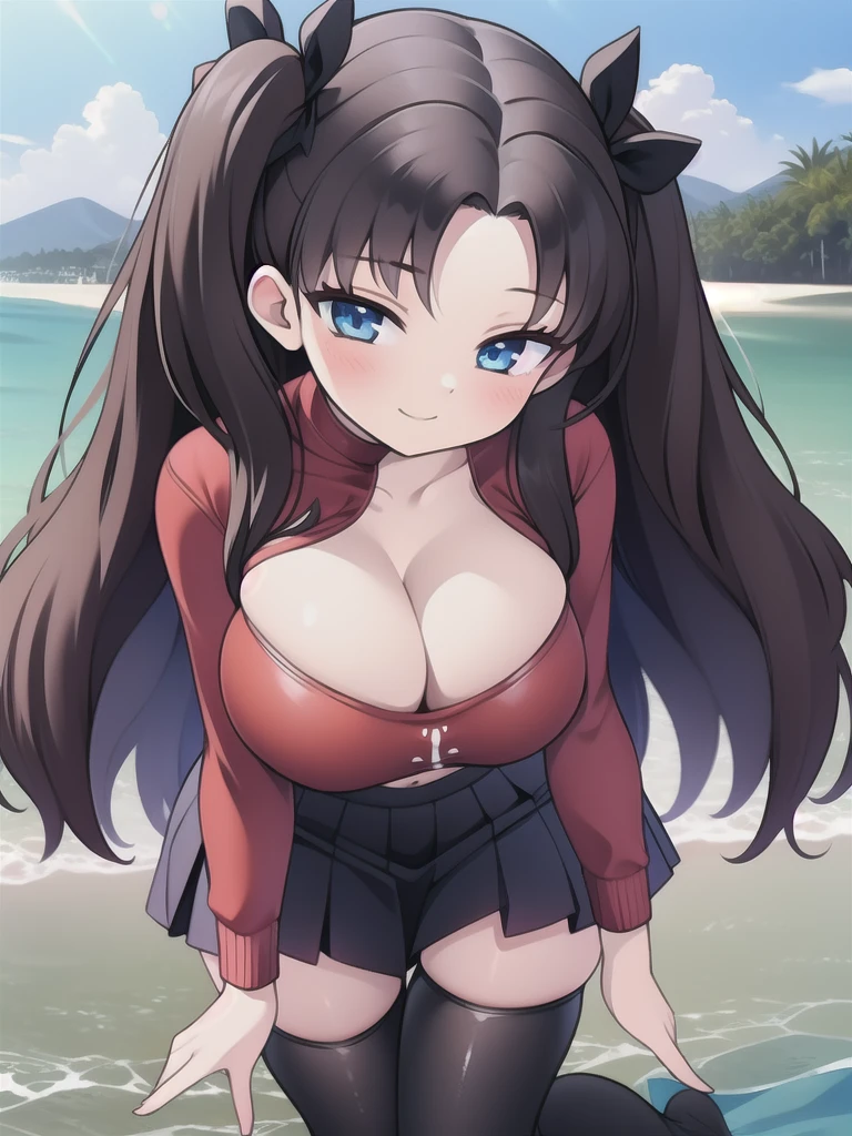 master-piece, bestquality, 1girls,************, View viewers from front, HD, slight smile, massive tits, cleavage, under , tights cloth, , tiny body, under tits cleavage, look down, wide hips, in snow, on kneels, tohsaka_rin_alt, Red_sweater_Black_skirt_Black_thighhighs, bitch, at beach, wet,