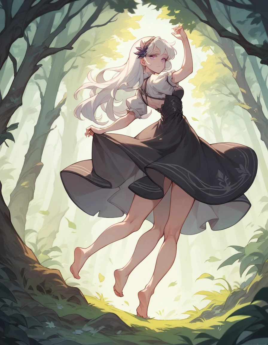 White skinned girl, straight white hair to the middle of the back, It has a straight cut fringe, quite striking violet eyes, equally white eyelashes and eyebrows, dressed in a light black dress, She is barefoot looking at a spring in an enchanted forest with magical creatures