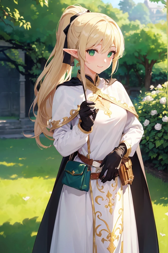 (((masterpiece; best quality: 1.2))), (finely detailed eyes: 1.3), (25 year old elf woman), (solo), (green eyes: 1.4), (body; buxom, fit, femenine: 1.3), (silky blonde hair in low ponytail: 1.3), (beautiful and clear background: 1.2), ((depth of field)), (equipment: adventurer attire + modest + long white tunic-coat + black cape + black long skirt + gloves + belt + pouches: 1.3), (anime illustration: 1.2), (background composition; royal garden: 1.1), (extremely fine and beautiful: 1.1), (shot composition; standing + centered on torso + close-up: 1.5), (expression; calm, smile: 1.2)