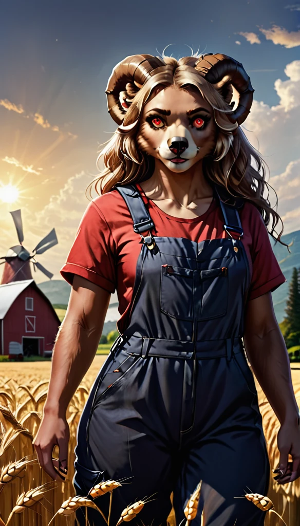 (zPDXL2),  score_9_up, concept art, realistic, dark theme, low light, BREAK
1girl, solo, (bear:1.2), (long wavy hair, bun hairstyle), glowing red eyes, (ram horns:1.2), (bear ears, bear tail), tanned skin, farmer jumpsuit, wheat farm background, BREAK
AissistXLv2, unaestheticXL_bp5, SimplePositiveXLv2, zPDXL2 PonyXLV6_Scores