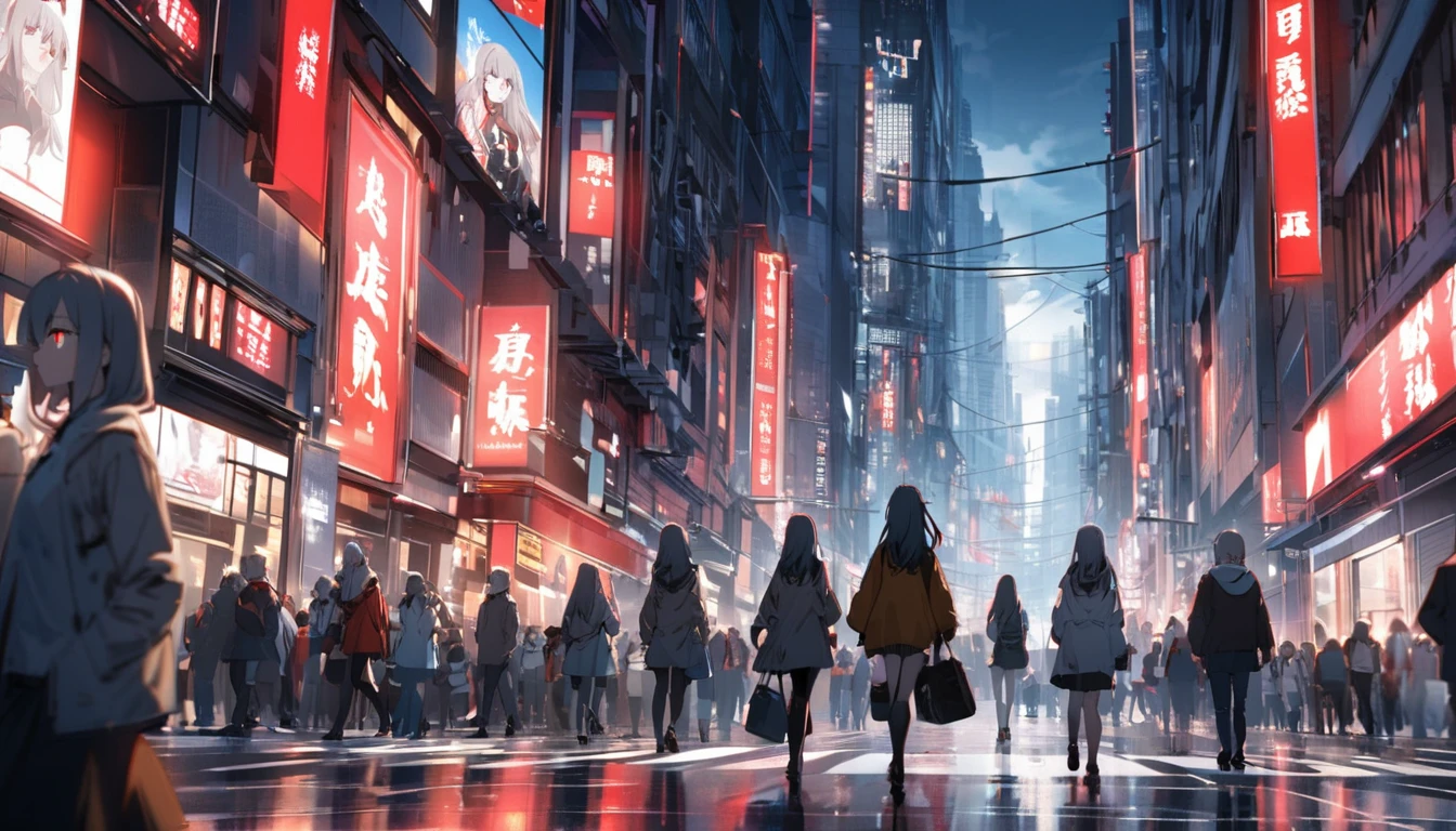 Characters。gray hair color、Glowing red eyes、Long Hair、There is a mole under the left eye。Depict only one person。Scenery of people walking through the scramble intersection