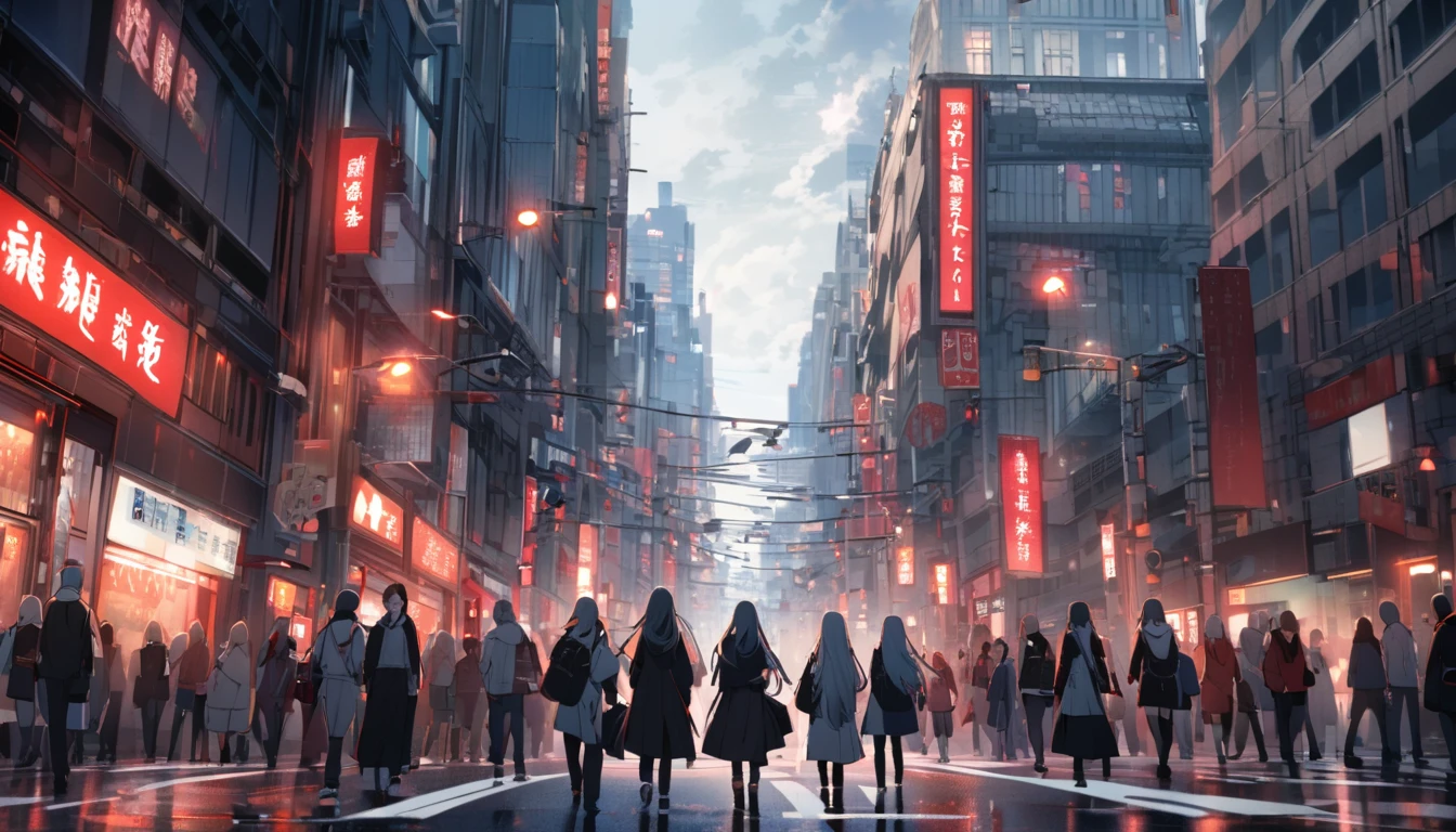 Girl Characters。gray hair color、Glowing red eyes、Long Hair、There is a mole under the left eye。Depict only one person。Scenery of people walking through the scramble intersection