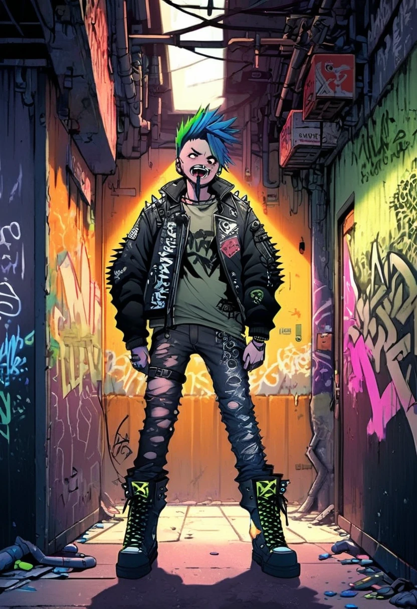 A man with a metal punk style is walking down the streets in a dystopian world. The scene is set in a world dominated by metallic elements and punk aesthetics. The man's appearance is characterized by a rebellious and edgy fashion style, with an outfit consisting of leather jackets, ripped jeans, heavy metal accessories, and military style boots with straps and spikes. His hair is spiked and dyed in vibrant neon colors, showcasing his fierce personality. His mouth has a devious, almost evil grin to it while he has two fangs sticking down out of the top of his mouth.
The environment around him is heavily influenced by a post-apocalyptic setting, with dilapidated buildings and crumbling infrastructure. The streets are filled with graffiti and signs of rebellion, reflecting the punk subculture that permeates this world. Neon lights flicker in the dimly lit alleyways, casting an eerie glow and creating an atmosphere of tension and uncertainty.
The man's movements are confident and purposeful as he navigates through the abandoned streets. His eyes are piercing and filled with determination, while his lips are sealed with an expression of defiance. The attention to detail in depicting his eyes and facial features is paramount to capture the essence of his rebellious nature.
The overall image quality is of the highest standard, with a focus on ultra-detailed rendering and vivid colors. Each design element, from the textured leather of his jacket to the intricate patterns in the graffiti, is meticulously crafted to create a photorealistic masterpiece. The lighting technique enhances the dramatic atmosphere, with shadows and neon reflections adding depth to the scene.
In terms of art style, the prompt emphasizes the fusion of punk aesthetics with a dystopian world, resulting in a unique blend of urban grit and metallic elements. This combination creates a visually striking and thought-provoking image.
The color palette is dominated by dark hues, with accents of vibrant