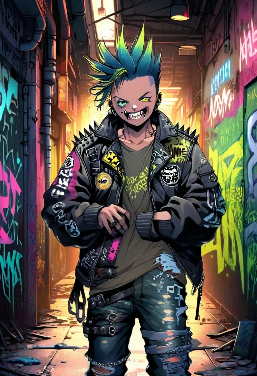 A man with a metal punk style is walking down the streets in a dystopian world. The scene is set in a world dominated by metallic elements and punk aesthetics. The man's appearance is characterized by a rebellious and edgy fashion style, with an outfit consisting of leather jackets, ripped jeans, heavy metal accessories, and military style boots with straps and spikes. His hair is spiked and dyed in vibrant neon colors, showcasing his fierce personality. His mouth has a devious, almost evil grin to it while he has two fangs sticking down out of the top of his mouth.

The environment around him is heavily influenced by a post-apocalyptic setting, with dilapidated buildings and crumbling infrastructure. The streets are filled with graffiti and signs of rebellion, reflecting the punk subculture that permeates this world. Neon lights flicker in the dimly lit alleyways, casting an eerie glow and creating an atmosphere of tension and uncertainty.

The man's movements are confident and purposeful as he navigates through the abandoned streets. His eyes are piercing and filled with determination, while his lips are sealed with an expression of defiance. The attention to detail in depicting his eyes and facial features is paramount to capture the essence of his rebellious nature.

The overall image quality is of the highest standard, with a focus on ultra-detailed rendering and vivid colors. Each design element, from the textured leather of his jacket to the intricate patterns in the graffiti, is meticulously crafted to create a photorealistic masterpiece. The lighting technique enhances the dramatic atmosphere, with shadows and neon reflections adding depth to the scene.

In terms of art style, the prompt emphasizes the fusion of punk aesthetics with a dystopian world, resulting in a unique blend of urban grit and metallic elements. This combination creates a visually striking and thought-provoking image.

The color palette is dominated by dark hues, with accents of vibrant 