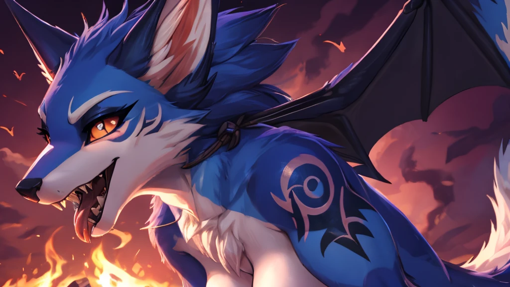 bat girl fruit add high definition_detail:1, blue fur, tribal tattoo add_detail Ferocious fangs, Sharp teeth, Kitsune Yokai, long snake tongue, licking her tits