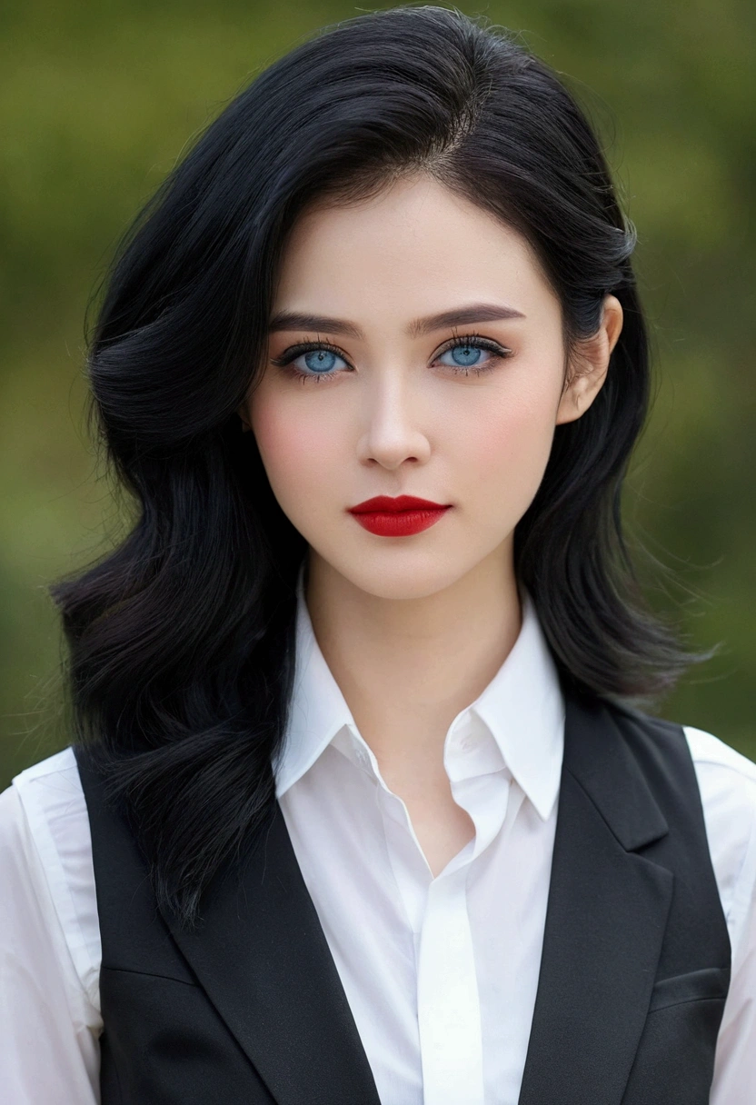 woman,Pure black hair,Draped over the shoulders,Wearing a white shirt,Black vest and dark trousers,Deep and delicate facial features,Thin face,Has light blue eyes,The nose is just right,Red lips are not thin,Bright and elegant appearance,There is a strange sense of sharpness,Very cold temperament,There is no smile on his face
