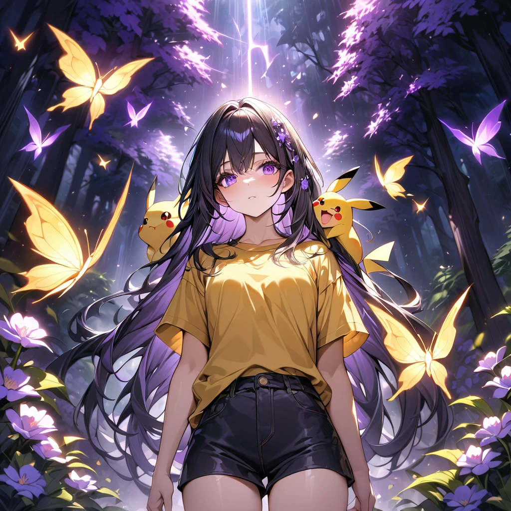 Female with yellow tshirt, pikachu on shoulder, forest,purple dark light, absurdres, highres, ultra detailed, HDR, master piece, best quality, black hair, expressive purple eyes, black clothes, magical, fantasy, shining, purple flowers, blossoms, yellow butterflies, medium shot