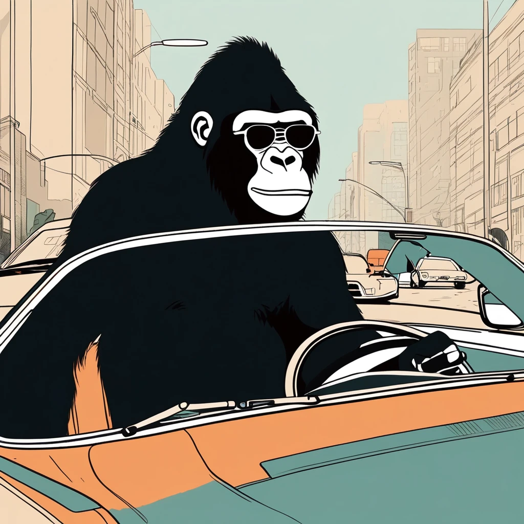 gorilla-like , sweet,very cute,art by Sophie Roach , art by Jon Klassen , art by Michael Cho , art by Sophie Roach、sunglasses,smoking,city、driving