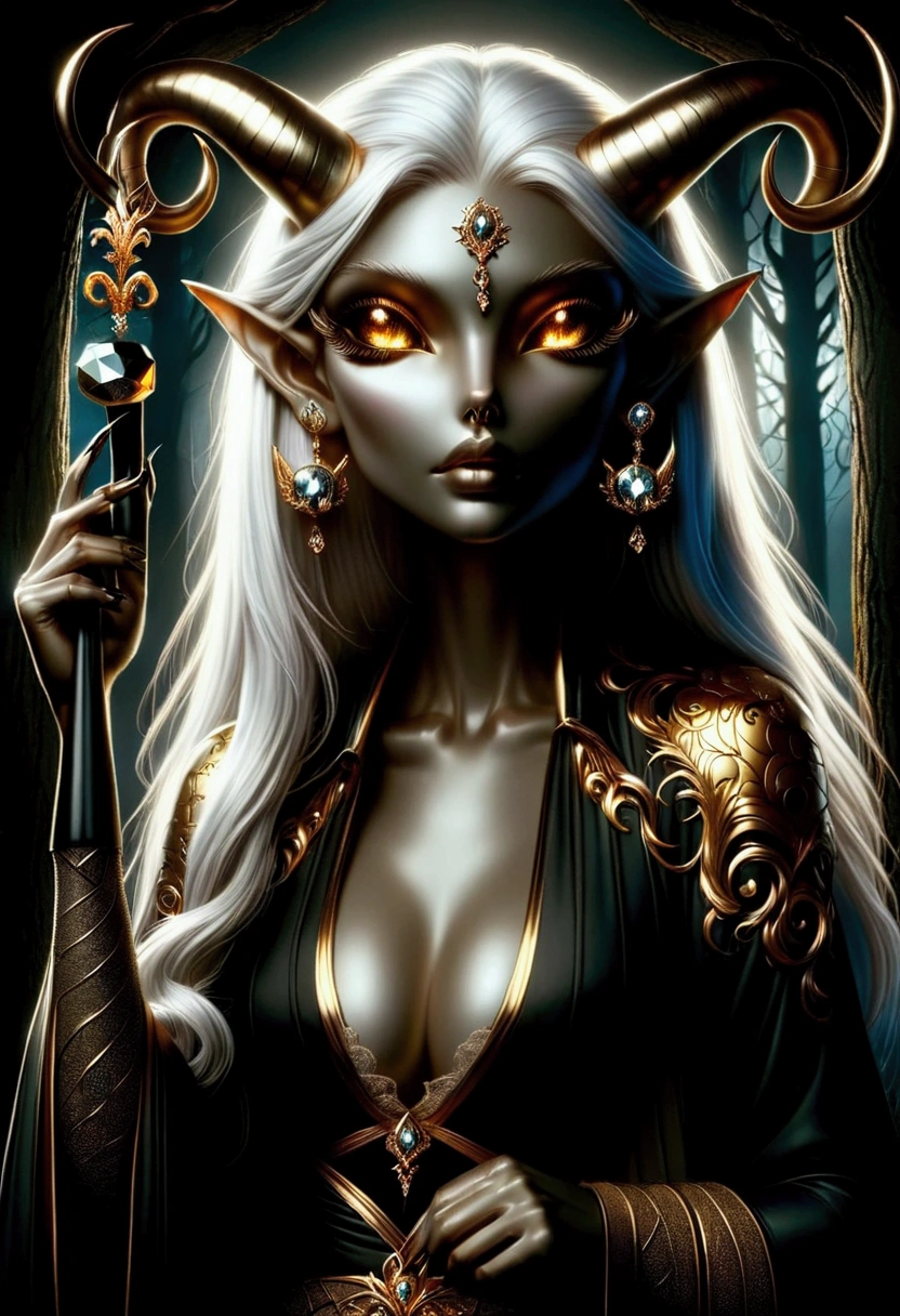 A captivating dark fantasy illustration features a striking female elf with female features, Her snow-white, flowing hair contrasts with her long, sharp white horns, while her mesmerizing golden eyes with black pupils hold a mysterious allure. Elegant golden earrings adorn her ears, and a brown string tied to her left horn ends in a tinkling golden bell. She wears a white buttoned blouse and a black cloak embroidered with gold, adding to her enigmatic presence. A brown lute adorned with intricate gold engravings is held by her, showcasing her musical prowess. The hauntingly beautiful moonlit forest serves as the backdrop, with an ethereal atmosphere that envelops the entire scene, creating a sense of mystique and wonder., dark fantasy, illustration

