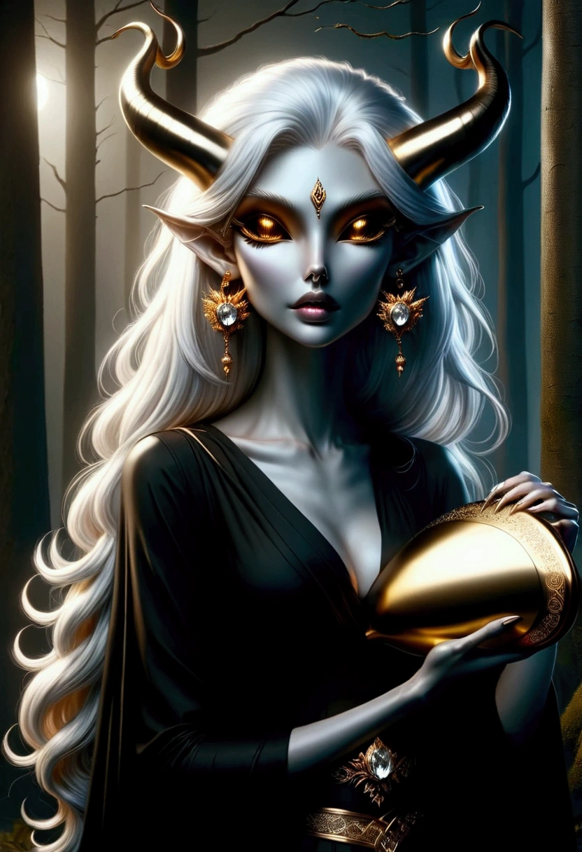 A captivating dark fantasy illustration features a striking female elf with female features, Her snow-white, flowing hair contrasts with her long, sharp white horns, while her mesmerizing golden eyes with black pupils hold a mysterious allure. Elegant golden earrings adorn her ears, and a brown string tied to her left horn ends in a tinkling golden bell. She wears a white buttoned blouse and a black cloak embroidered with gold, adding to her enigmatic presence. A brown lute adorned with intricate gold engravings is held by her, showcasing her musical prowess. The hauntingly beautiful moonlit forest serves as the backdrop, with an ethereal atmosphere that envelops the entire scene, creating a sense of mystique and wonder., dark fantasy, illustration

