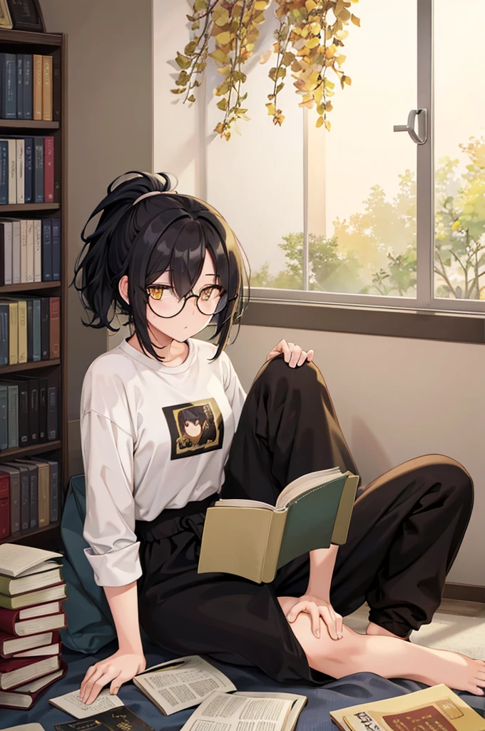 woman, hair over one eye, golden eyes, Tomboy, sitting on the ground, white shirt, black sweatpants, looking at viewer, window, black short hair with a ponytail, books lying around, bedroom background, round glasses, bags under eyes, tired, reading a book