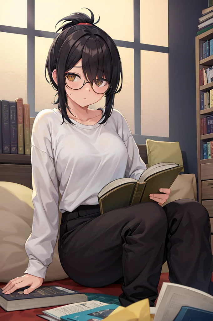 woman, hair over one eye, golden eyes, Tomboy, sitting on the ground, white shirt, black sweatpants, looking at viewer, window, black short hair with a ponytail, books lying around, bedroom background, round glasses, bags under eyes, tired, reading a book