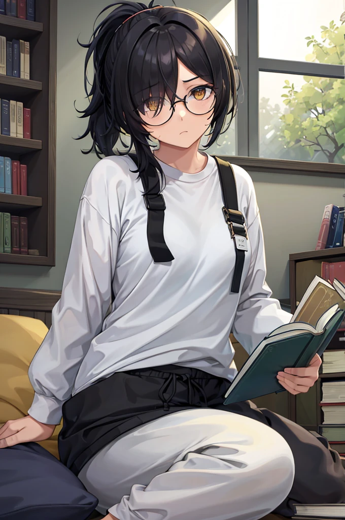 woman, hair over one eye, golden eyes, Tomboy, sitting on the ground, white shirt, black sweatpants, looking at viewer, window, black short hair with a ponytail, books lying around, bedroom background, round glasses, bags under eyes, tired, reading a book