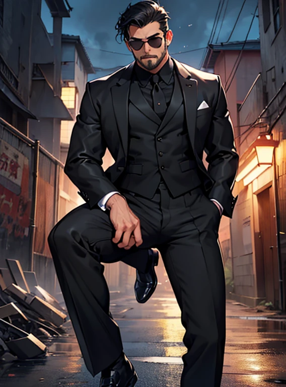 ((melhor qualidade)), ((obra-prima)), (altamente detalhado:1.3) homem adulto, maduro , investigador policial, asiatic, japanese, detetive, cabelos pretos com a mechas grisalhas na lateral, serious eyes, usando um terno preto elegante, Serious and tired look, On the streets of Tokyo at night, mystery atmosphere, suspense