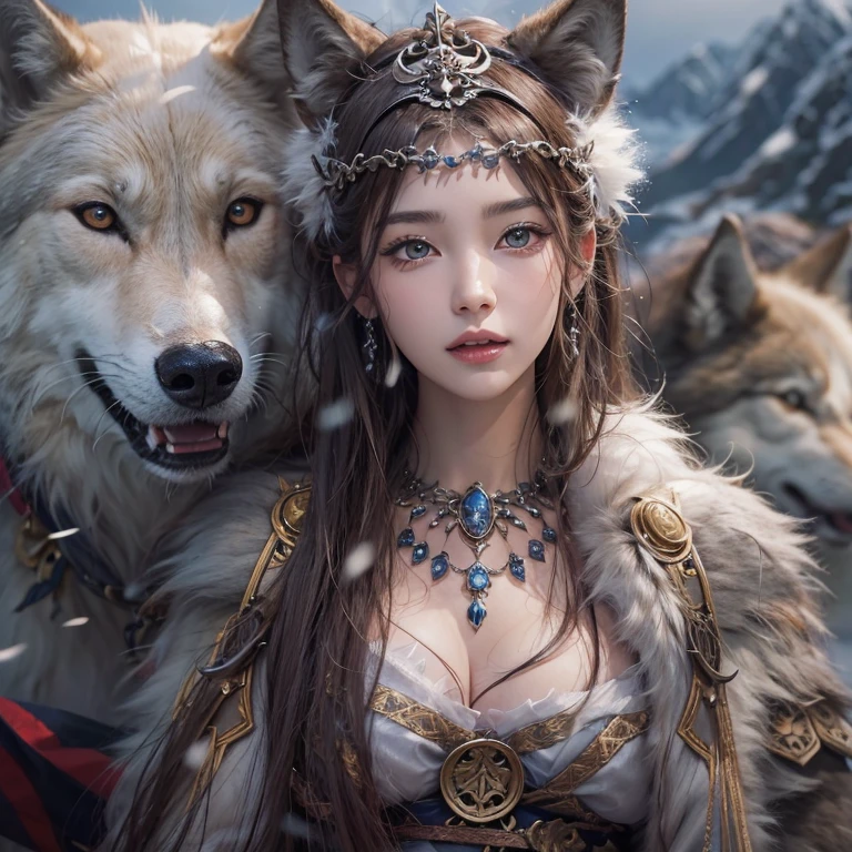 Lakeside surrounded by snowy mountains、Hair flow、 ((Highest quality、masterpiece、8K、Best image quality、Ultra-high resolution、Award-winning works)、(Accurate anatomy:1.1)、(Look at me and smile:1.1)、Shining fair skin with Ultra-high resolution、The most detailed face、Ultra-high resolution detailed face、Ultra-high resolutionの髪の毛、(Ultra-high resolutionの煌めく瞳:1.1)、Beautiful face drawn in every detail、Ancient Viking clothing, Chest to chest, tattoo, A real wolf is by your side