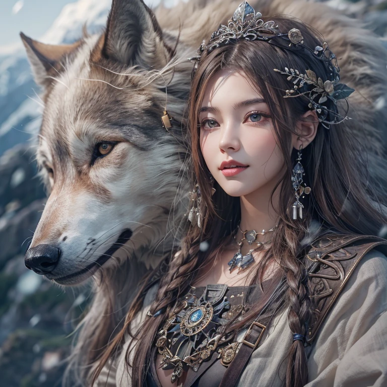 Lakeside surrounded by snowy mountains、Hair flow、 ((Highest quality、masterpiece、8K、Best image quality、Ultra-high resolution、Award-winning works)、(Accurate anatomy:1.1)、(Look at me and smile:1.1)、Shining fair skin with Ultra-high resolution、The most detailed face、Ultra-high resolution detailed face、Ultra-high resolutionの髪の毛、(Ultra-high resolutionの煌めく瞳:1.1)、Beautiful face drawn in every detail、Ancient Viking clothing, Chest to chest, tattoo, A real wolf is by your side