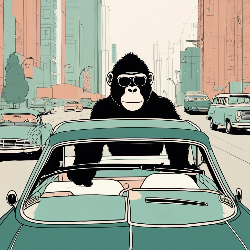 gorilla-like , sweet,very cute,art by Sophie Roach , art by Jon Klassen , art by Michael Cho , art by Sophie Roach、sunglasses,smoking,city、driving