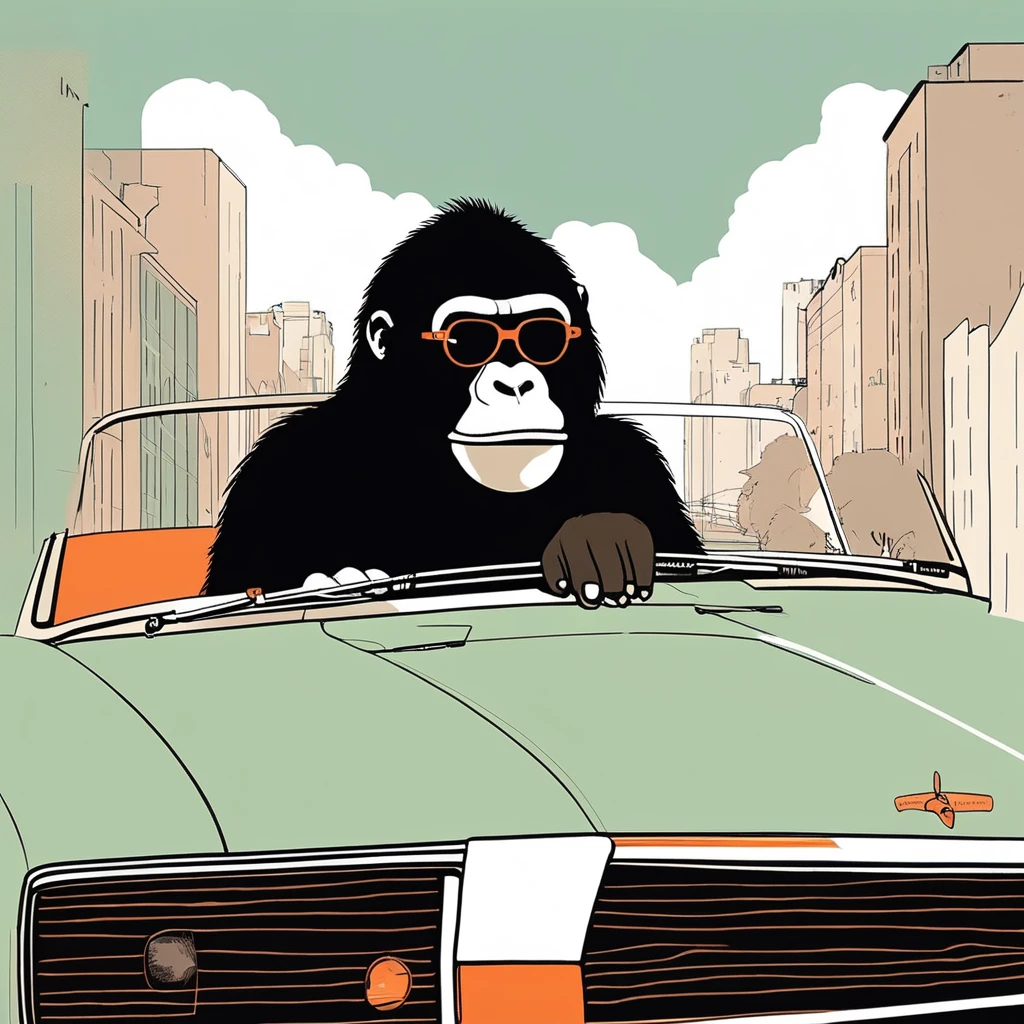 gorilla-like , sweet,very cute,art by Sophie Roach , art by Jon Klassen , art by Michael Cho , art by Sophie Roach、sunglasses,smoking,city、driving