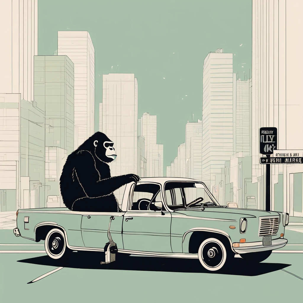 gorilla-like , sweet,very cute,art by Sophie Roach , art by Jon Klassen , art by Michael Cho , art by Sophie Roach、sunglasses,smoking,city、driving