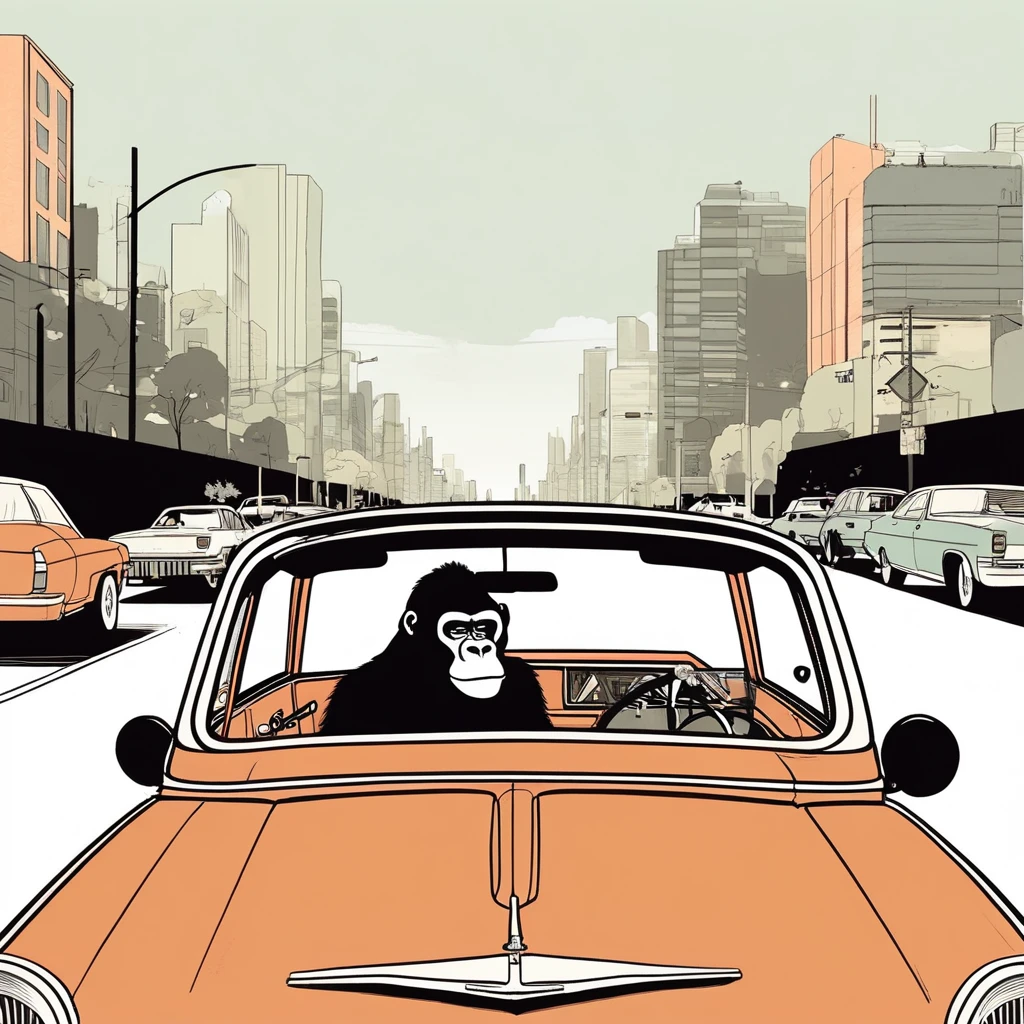 gorilla-like , sweet,very cute,art by Sophie Roach , art by Jon Klassen , art by Michael Cho , art by Sophie Roach、sunglasses,smoking,city、driving