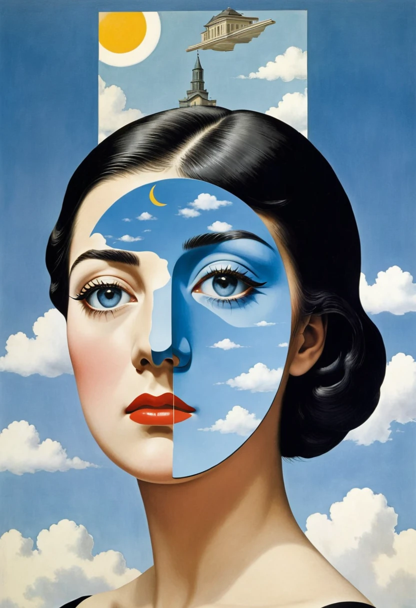 René Magritte,有一张女人脸的Collage画,There are many different things on the face,Geometric Dislocation,Collage,Artistic sense,Painting,paint,Simple,