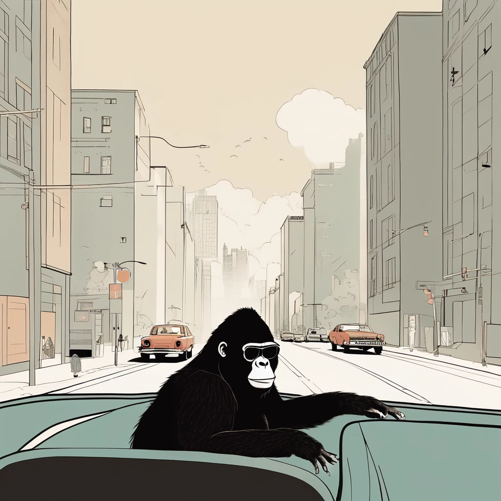 gorilla-like , sweet,very cute,art by Sophie Roach , art by Jon Klassen , art by Michael Cho , art by Sophie Roach、sunglasses,smoking,city、driving