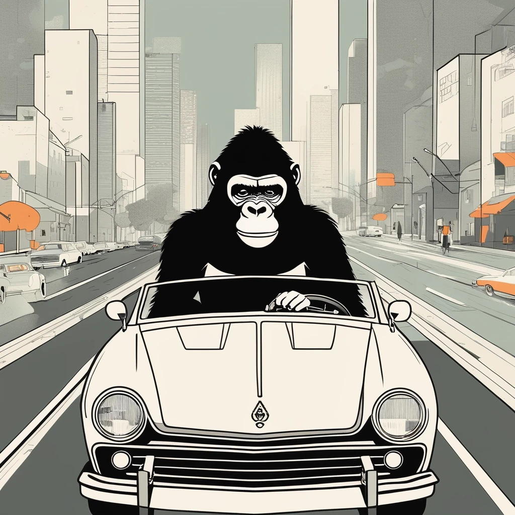 gorilla-like , sweet,very cute,art by Sophie Roach , art by Jon Klassen , art by Michael Cho , art by Sophie Roach、sunglasses,smoking,city、driving