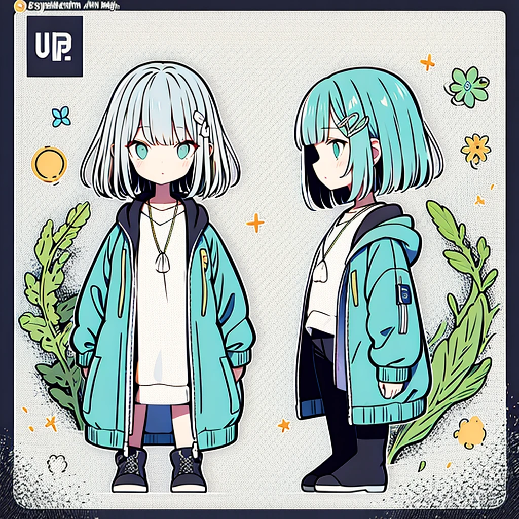 Stylized anime illustration BREAK Profile focused on character in background BREAK Short-haired white character wearing a large hooded jacket, BREAK looks to the side with a calm expression。The complex background of machine gears and cogs、Expressed in a variety of soft colors。, Create complex yet harmonious mosaics