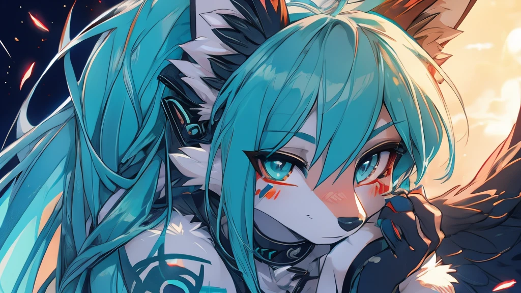 Miku Hatsune, add high definition_detail:1, blue fur,kitsune ears, tribal tattoo add_detail:1