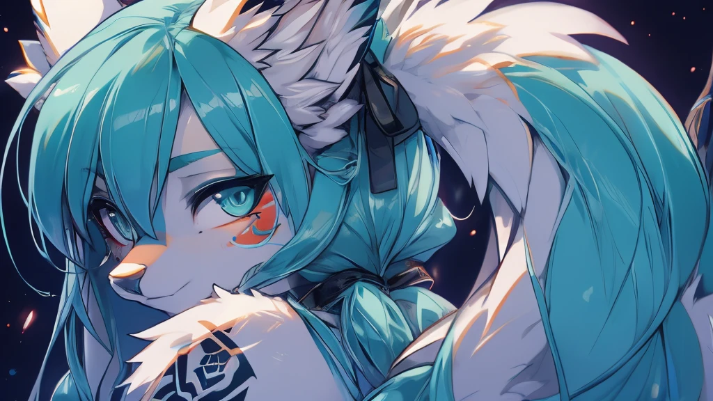 Miku Hatsune, add high definition_detail:1, blue fur,kitsune ears, tribal tattoo add_detail:1