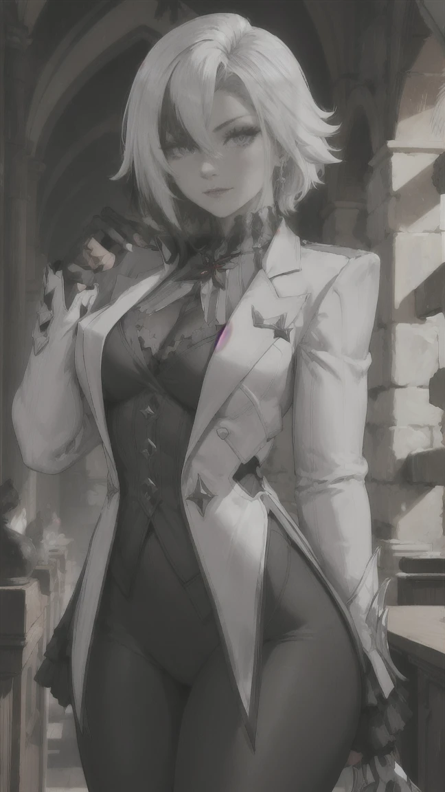 masterpiece, best quality, solo, (eyes covered:1.05), (portrait:1.1), (upper body:1.1), medium breasts, expressionless, 1girl, solo, (ruffled hair, messy hair:1.1), short hair, white hair, beautiful background, best quality, ultra detailed, 1girl, solo, standing, blunt bangs, blindfolded, white shirt, long sleeve, black long skirt, tie, ((perfect hand: 1.2)), beautiful skin, beautiful lighting, (Yorha No. 2 Type B:1.14), Black gloves, abstract background