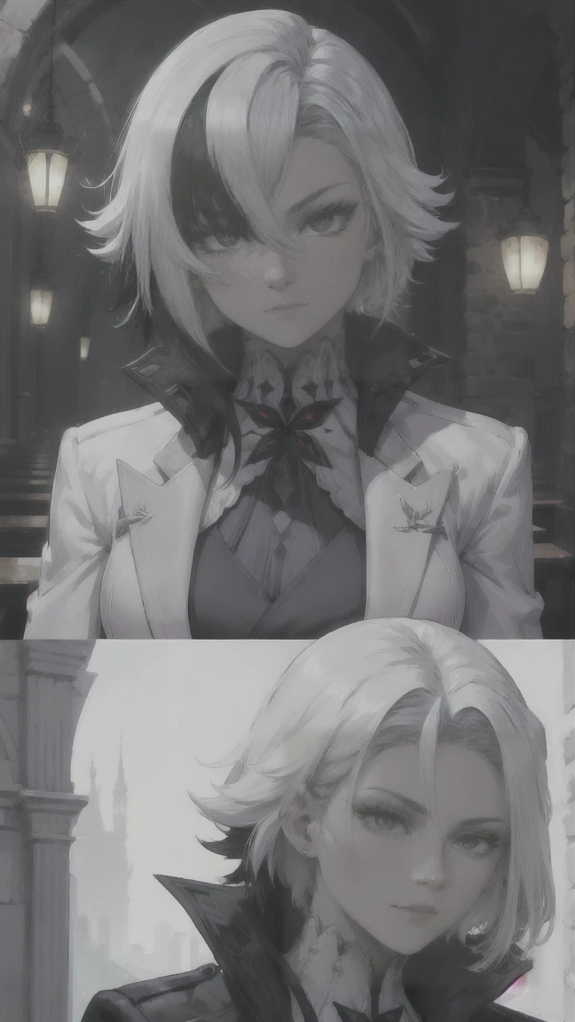 thick outlines, comics, photorealistic, perfect hands, masterpiece:1.2, Cathedral, Dark, Gothic, 1 girl, One, White hair, black hair, multicolored hair, X-shaped pupils, black eyes, Arles_suit, , detailed background, Detailed face, detailed eyes,