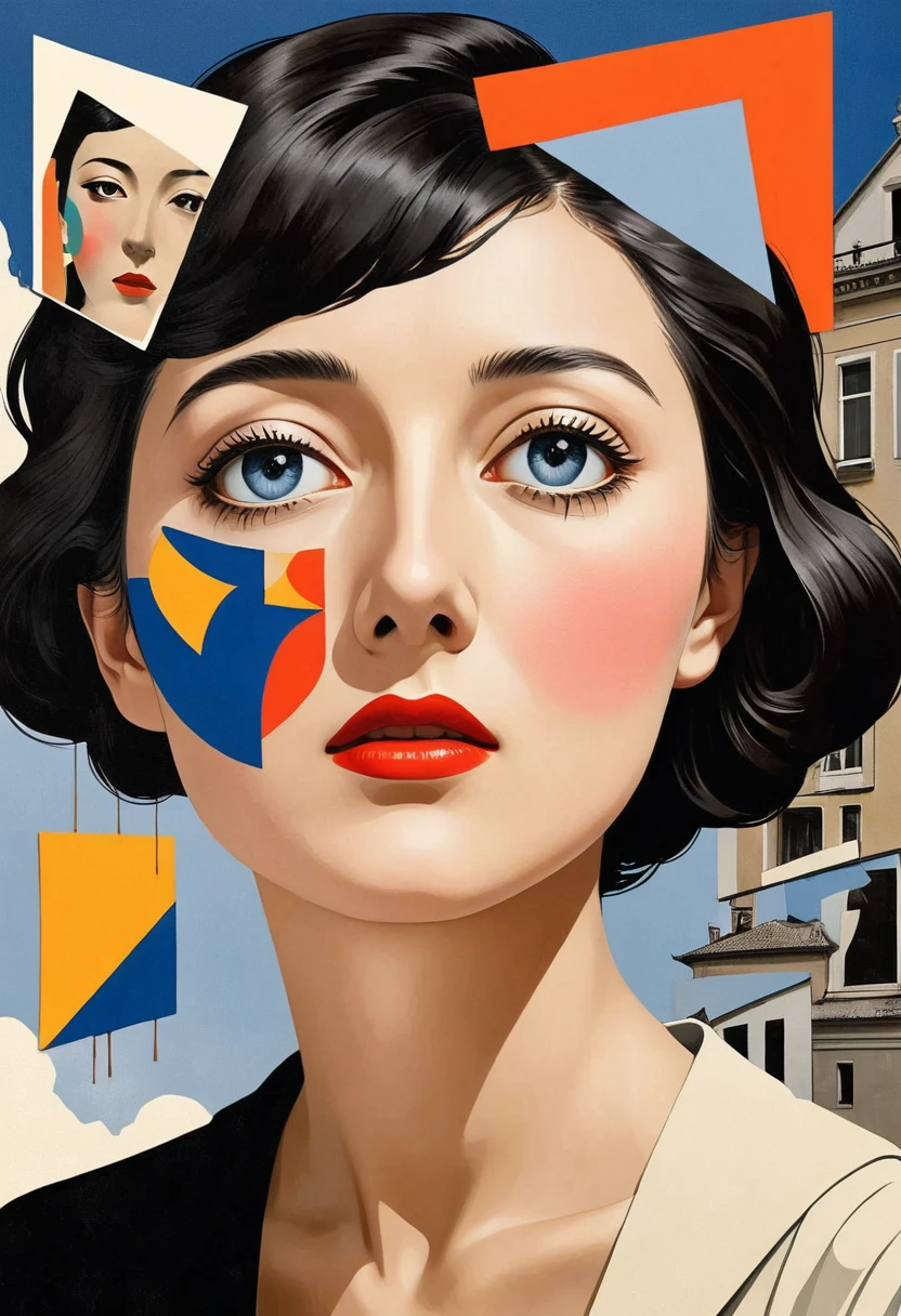 René Magritte,有一张女人脸的Collage画,There are many different things on the face,Geometric Dislocation,Collage,Artistic sense,Painting,paint,Simple,