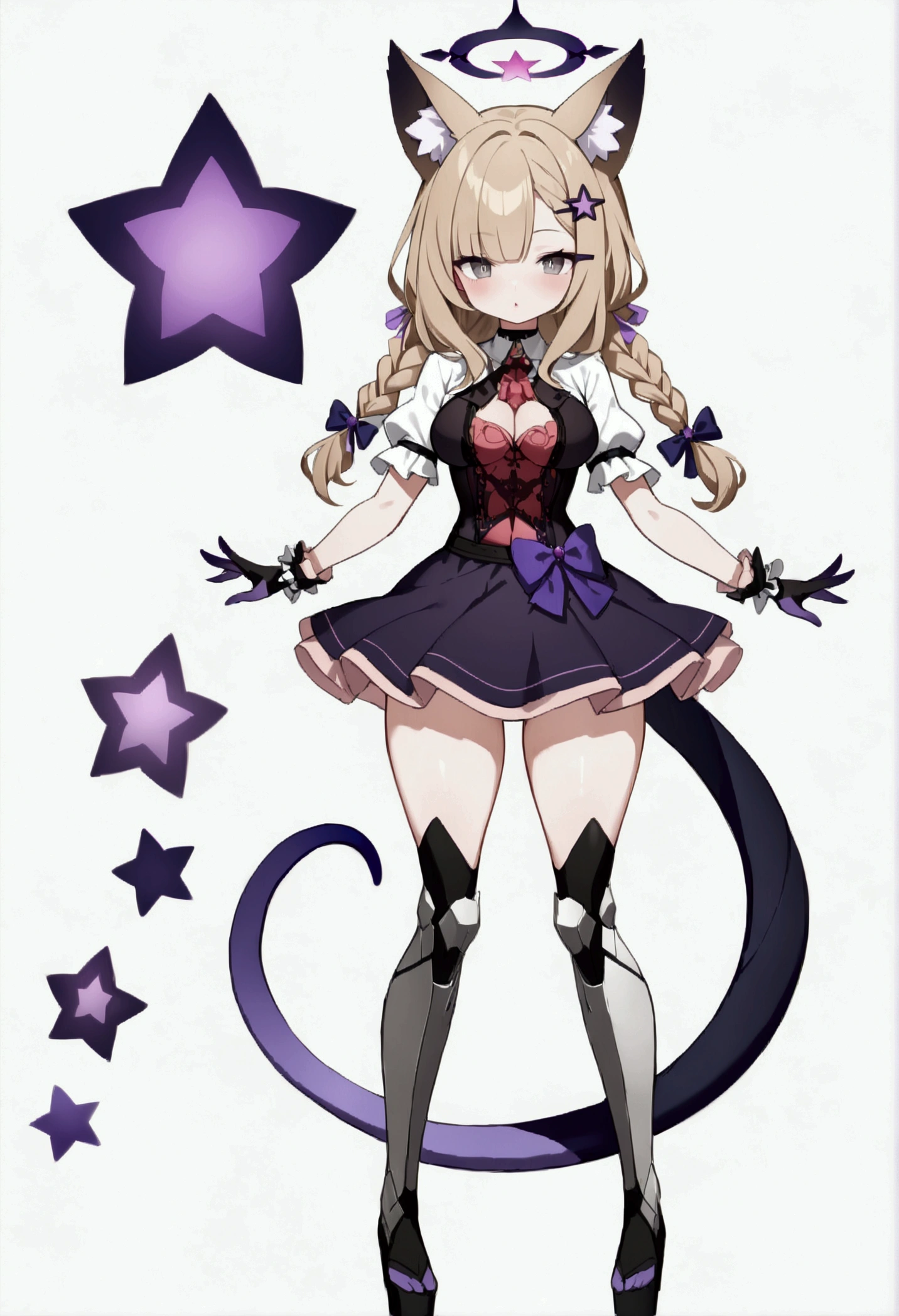 woman 170 cm tall, medium chest, wide hip, slim build, charming look, ((whole body)), (((character design sheet: front view))), (dark blonde hair, ((hip length wavy hair, asymmetrical bangs, star hairpin)), (She has a short braid tied with an elegant purple ribbon on the left side of her hair above her chest), (She has a short braid tied with an elegant purple ribbon on the right side of her hair above her chest), She has small hair bows in the back of her hair), ((Gray eyes with a pink 4-pointed star in the pupil)), (Two black and purple fox ears located on the top of the head), (Luminous black horizontal halo with purple star patterns above head), He has a black collar with a heart emblem on his neck., (Elegant long one piece dress, Thigh-length lace and ruffle skirt, large bow at the back of the hip, ribbon decorations and star patterns on the dress), black ruffled gloves, Black platform heels, gray belt at the waist with a large ribbon with a luminous pink heart in the middle, ((It has a succubus tail that ends in the shape of a heart)), (((It has complex mechanical legs that reach up to the thighs and are black with small purple and red details.))), extremely detailed beautiful hair, beautiful detailed dress, extremely detailed arms, extremely detailed face, Extremely detailed hands, small face, Beautiful detailed eyes, beautiful detailed lips, adorable, extremely detailed legs, (Best Quality, 4k, high resolution), ultra detailed, Exquisite and epic character art, ((White background)), (Focus on symmetry).