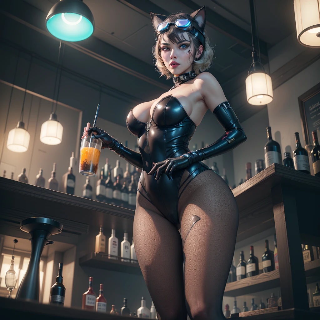 there is an Woman with the most hot and sensual outfit of Catwoman, wearing pleasers, fishnet bodysuit, (cat ears, goggles, goggles on head), (​masterpiece, 4K resolution, A hyper-realistic, highly detailed, Turn your back), full body Esbian, (blue eyess:1.2)), very real,Describes highly detailed 4K paintings, ((Ultra-wide-angle lens shooting)), ((Shot looking up from below:1.3)), (((neon light))), 3d neon art of a womans body, neon-noir background, cyberpunk femme fatale, seductive cyberpunk dark fantasy, cyberpunk strip clubs, cyberpunk 20 y. o model girl, oppai cyberpunk, banner, high definition cgsociety, beautiful face, beautiful body, beautiful eyes nose lips, alluring expression, very bold, upper visible, full body photo, standing legs apart, pale translucent glowing skin, most beautiful face, cute, (luxury and elegant room with a bar and soft light:1.4)), (extremely slutty),