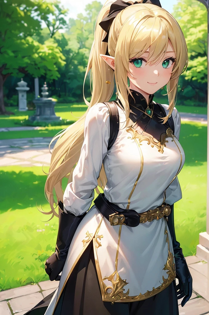 (((masterpiece; best quality: 1.2))), (finely detailed eyes: 1.3), (25 year old elf woman), (solo), (green eyes: 1.4), (body; buxom, fit, femenine: 1.3), (silky blonde hair in low ponytail: 1.3), (beautiful and clear background: 1.2), ((depth of field)), (equipment: adventurer attire + modest + long white tunic-coat + black cape + black long skirt + gloves + belt + pouches: 1.3), (anime illustration: 1.2), (background composition; royal garden: 1.1), (extremely fine and beautiful: 1.1), (shot composition; standing + centered on torso + close-up: 1.5), (expression; calm, smile: 1.2)