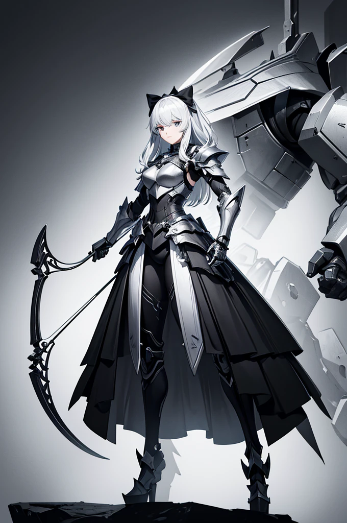Masterpiece: 1.3), (Maximum resolution: 1.2), (Ultra HDTV: 1.2), Cinema light, Ultra HDTV, (Detailed eyes and skin), (Detailed facial features), HDR, 8k resolution, Sharp Focus: 1.2, Perfect style, beautiful face, accurate, anatomically correct, archer futuristic knight, black and white. full body, anime style mecha, bow and arrow, simple knight design, black and white, full body shot, armed with bow and arrow full body picture, fully armored, futuristic armor, with bow.