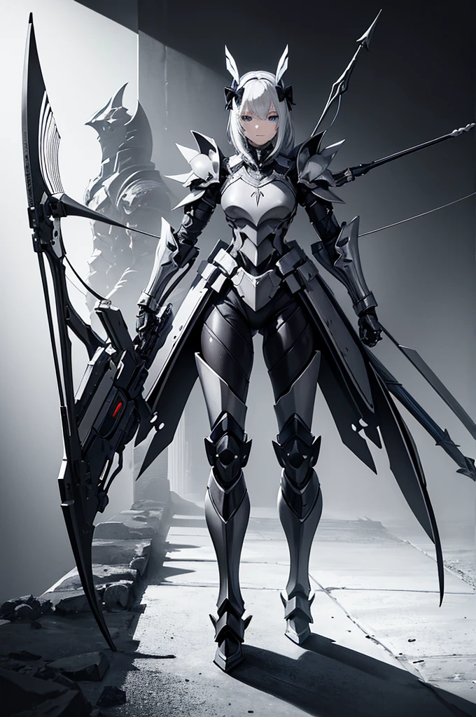 Masterpiece: 1.3), (Maximum resolution: 1.2), (Ultra HDTV: 1.2), Cinema light, Ultra HDTV, (Detailed eyes and skin), (Detailed facial features), HDR, 8k resolution, Sharp Focus: 1.2, Perfect style, beautiful face, accurate, anatomically correct, archer futuristic knight, black and white. full body, anime style mecha, bow and arrow, simple knight design, black and white, full body shot, armed with bow and arrow full body picture, fully armored, futuristic armor, with bow.