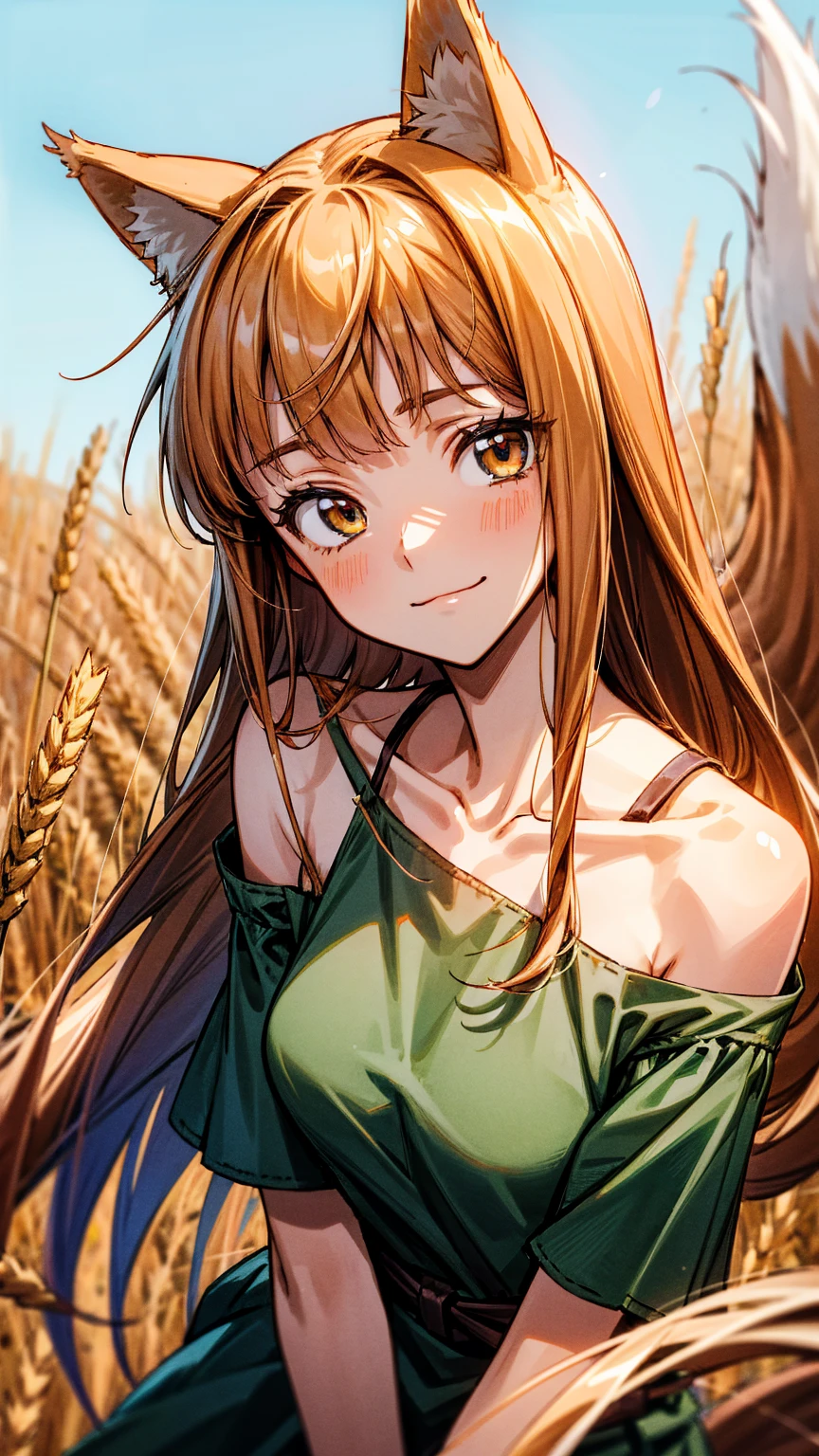 ((masterpiece)), ((Best quality)), (anime:1.3), (a high resolution:1.3), (Professional photography:1.2), portrait shot, :3, dirty hair, (slightly bare chest), beautiful collarbone, (Unfocused eyes), ((dazed smile)), Textured leather, Fox ears, Fox tail, Cute beautiful girl (Holo), holding an apple in his hand, BREAK, ((Best quality)), Leaning against a wheat field, Wheat field