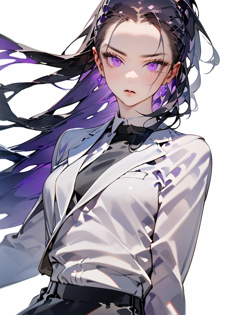(masterpiece),(Highest image quality),top quality,(extremely detailed),4K,(8K),super detailed,1 girl,solo,30 years old,black hair,(slicked back hair:1.3),long hair,purple eyes,suit,jacket,((no backgraund)),((white background))