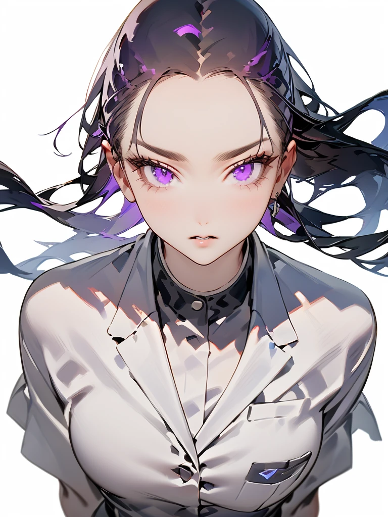 (masterpiece),(Highest image quality),top quality,(extremely detailed),4K,(8K),super detailed,1 girl,solo,30 years old,black hair,(slicked back hair:1.3),long hair,purple eyes,suit,jacket,((no backgraund)),((white background))