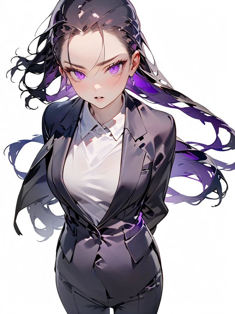 (masterpiece),(Highest image quality),top quality,(extremely detailed),4K,(8K),super detailed,1 girl,solo,30 years old,black hair,(slicked back hair:1.3),long hair,purple eyes,suit,jacket,((no backgraund)),((white background))
