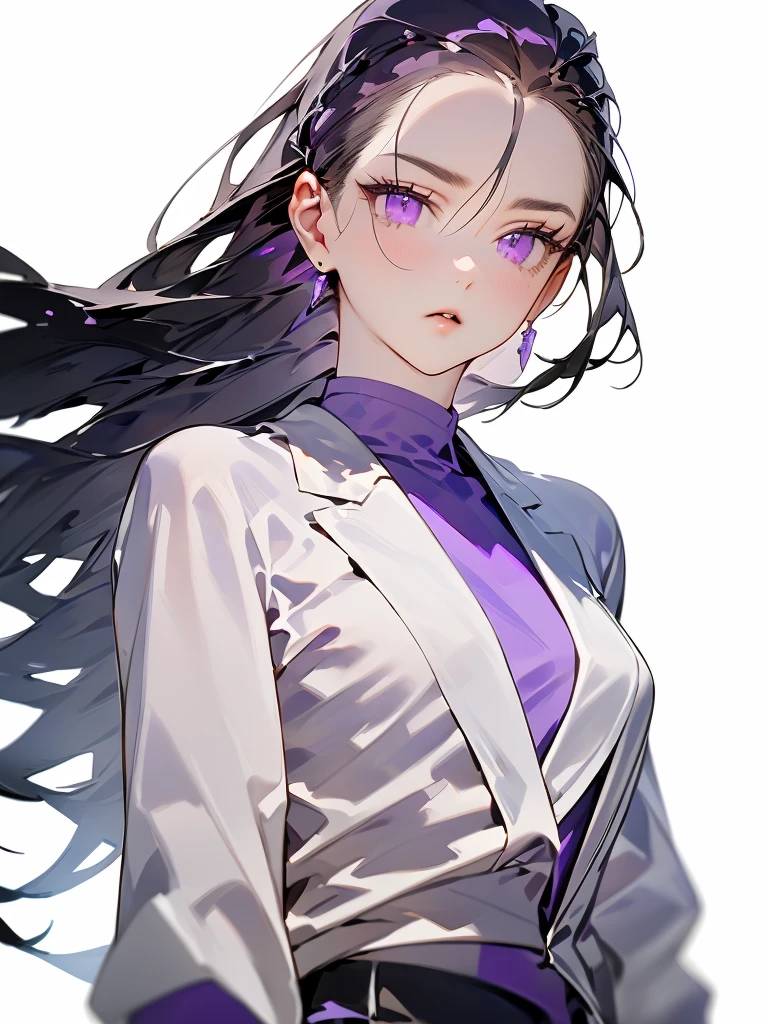 (masterpiece),(Highest image quality),top quality,(extremely detailed),4K,(8K),super detailed,1 girl,solo,30 years old,black hair,(slicked back hair:1.3),long hair,purple eyes,suit,jacket,((no backgraund)),((white background))