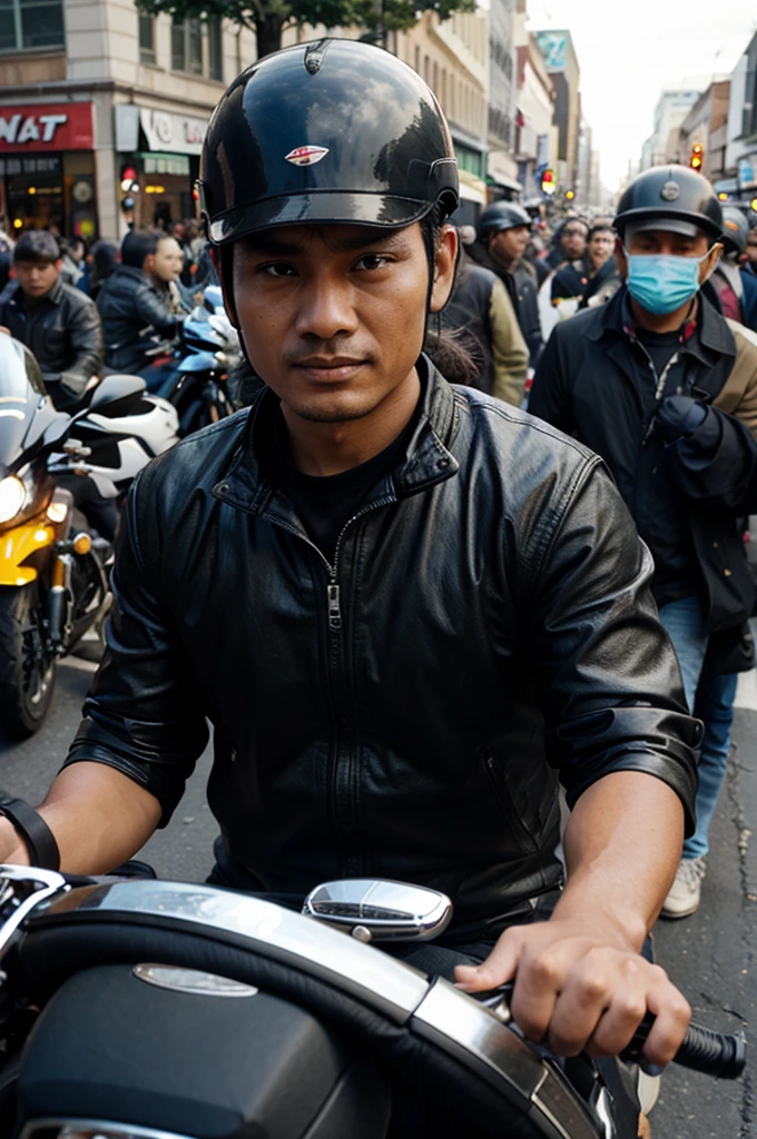 An online motorcycle taxi driver in the middle of the crowd
