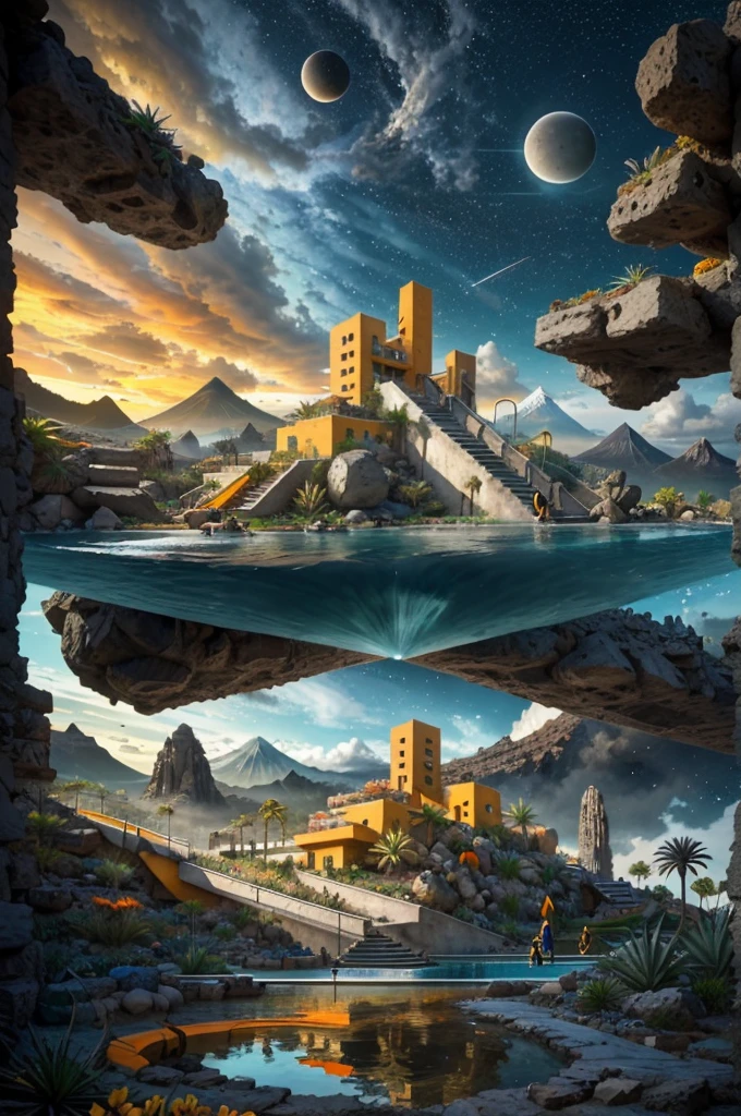 An illustration in collage style, with giant boulders, brutalist building sections, terraces, stairs, cacti, agave, concrete texture, multiple geometric shapes, hatch and cross hatching, planet saturn, volcano, moon, Luis Barragán's architectural style build, milky way galaxy, violet, one motorcycle, An illustration in collage style, with giant boulders, brutalist building sections, stairs, cacti, agave, concrete texture, multiple geometric shapes, hatch and cross hatching, planet saturn, volcano, moon, Luis Barragán's architectural style build, reflective pool, terraces. An elegant and modern build, in top of big boulders, with terraces, materials concrete, wood, steel and crystal, various gardens with tropical vegetation, cacti and rocks, stairs, a pool. In middle of sea, a big wave near, sunset, mountains and a volcano in the horizont, cute islands around, illustration format, cute color palette, detailed, masterpiece, award-winning work, clouds, Illustration, a garden with abundant cacti, ((various organic sculptures)), ((big rocks)), (((multiple sections))), collage style, detailed, (((color palette (olive green), (Mustard orange), cool grey, ((blue)), black and white))), (((a lot Luis barragán's architecture style builds))) big clouds, volcano in horizon, stairs, in the desert. ((masterpiece, best quality)),illustration,ultra detailed 8k, ((Ori Toor visual style)),soviet, megabuildings, megastructures, buildings, organic steel sculpture