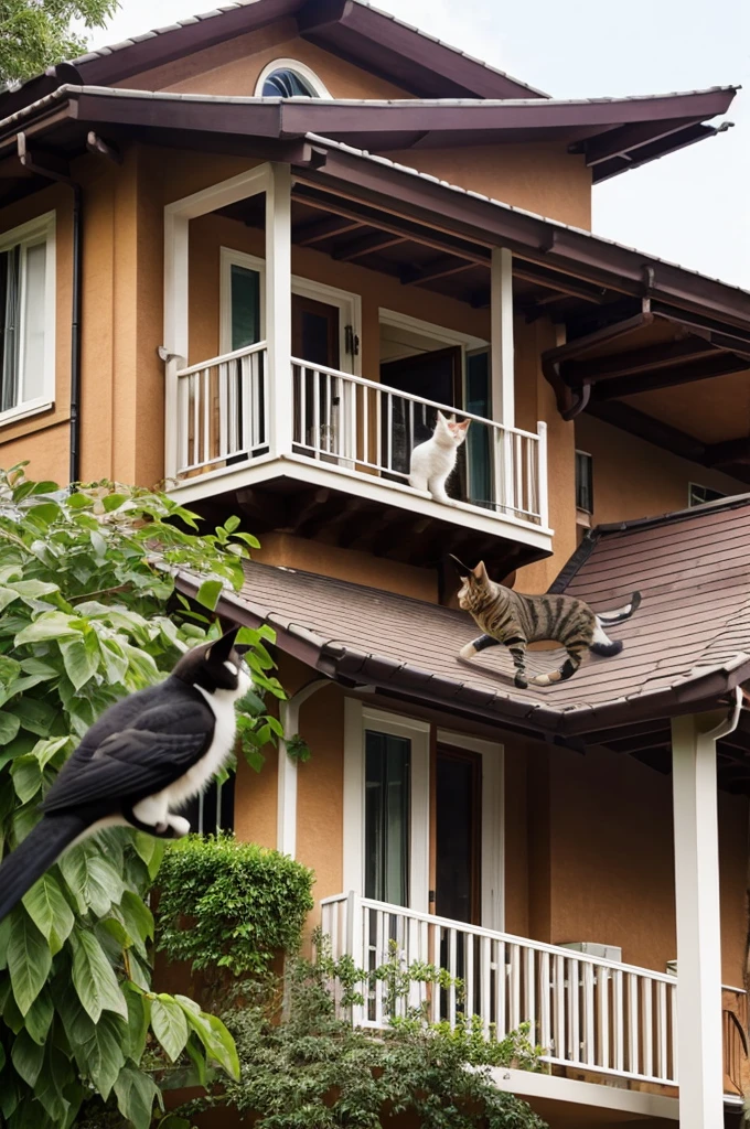 A cat saw a beautiful bird flying over his house
