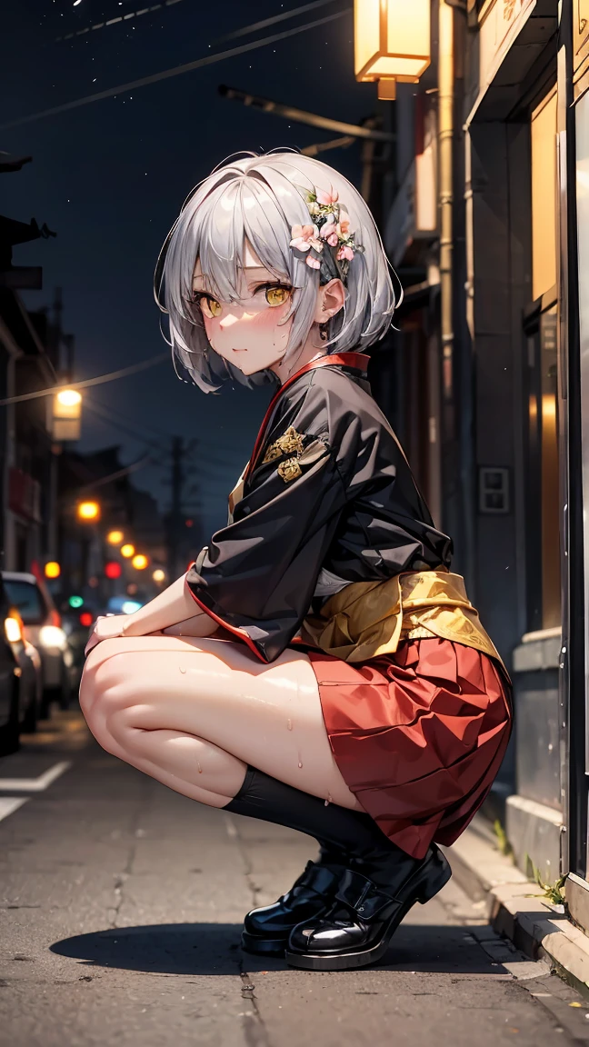Young girl 14 years old, short silver bob hair, hair flower, sharp bangs between the eyes, yellow  eyes, eyes large, traditional chinese imperial clothes black with gold details, red skirt, black thigh high socks. lateral view, fully body, crouched on the street of a Japanese city, at night, with full moon in the background, light reflecting on the sexy and sweaty body. (((sweat)))