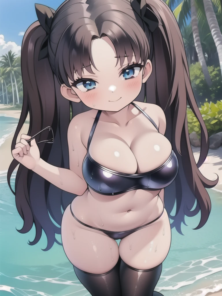 master-piece, bestquality, 1girls,, View viewers from front, HD, slight smile, massive tits, cleavage, under , tights cloth, , tiny body, under tits cleavage, look down, wide hips, on kneels, tohsaka_rin_alt, swimsuit, bitch, at beach, wet,