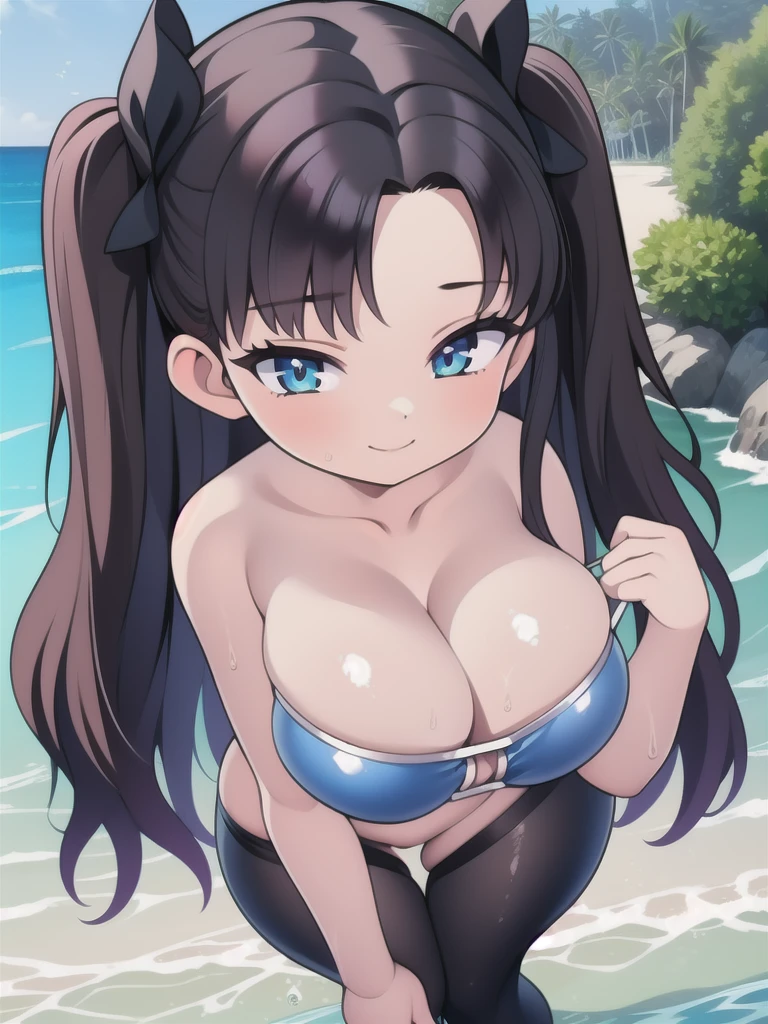 master-piece, bestquality, 1girls,************, View viewers from front, HD, slight smile, massive tits, cleavage, under , tights cloth, , tiny body, under tits cleavage, look down, wide hips, on kneels, tohsaka_rin_alt, swimsuit, bitch, at beach, wet,